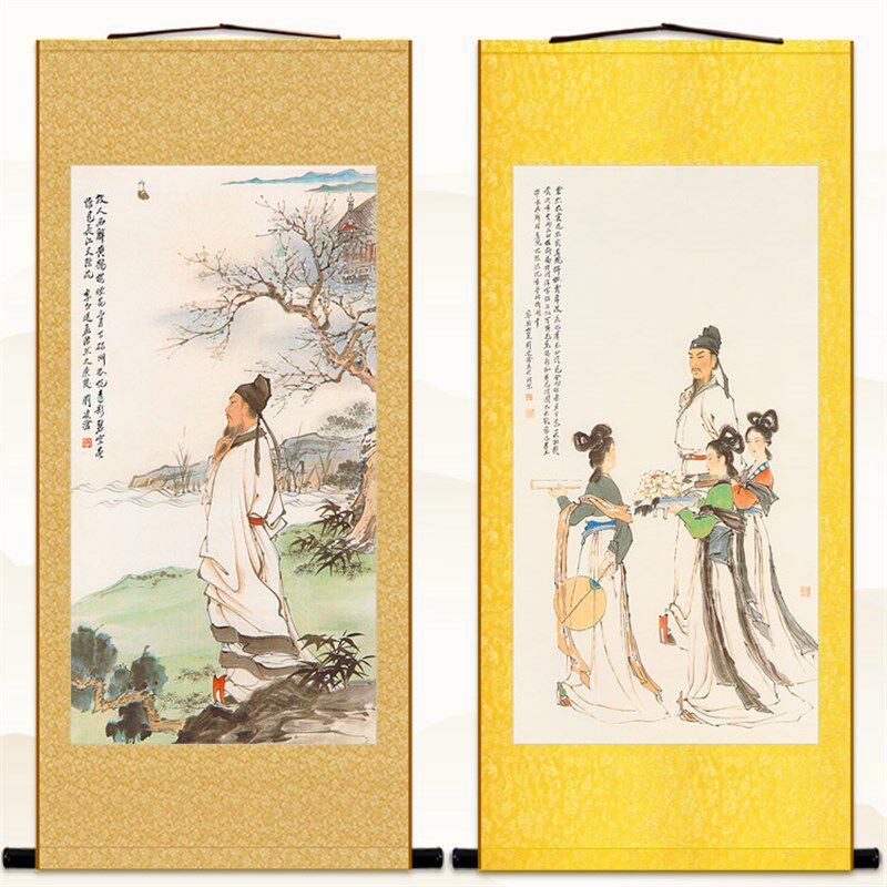 李白诗意图人物画 黄鹤楼清平调卷轴挂画绢布 中式复古装饰丝绸画