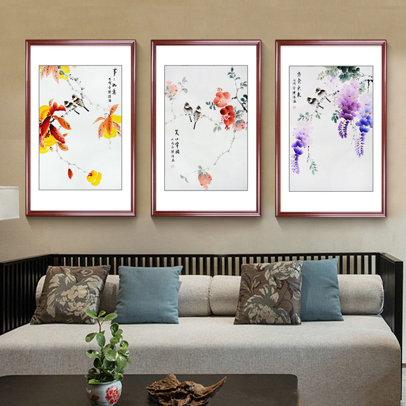 国画手绘紫藤花鸟画客厅沙发三联壁画玄关竖幅装饰挂画新中式画框