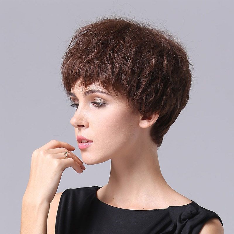 洗后有卷真发假发女短发真人发圆脸妈妈蓬松卷小波浪女全头套V08