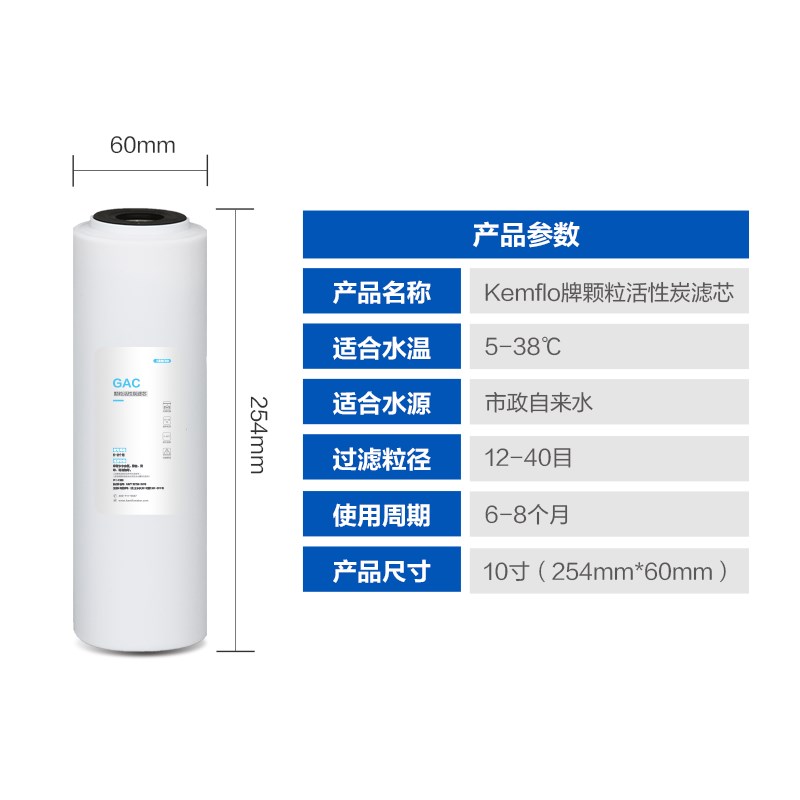 溢泰KemfloGAC颗粒活性炭家用/商用净水器纯水机滤芯T33