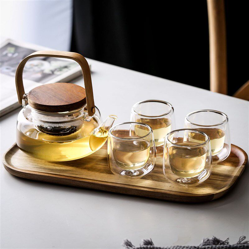 家用红茶泡茶壶带木托冲茶器耐热玻璃茶壶茶具套装玻璃过滤花茶壶