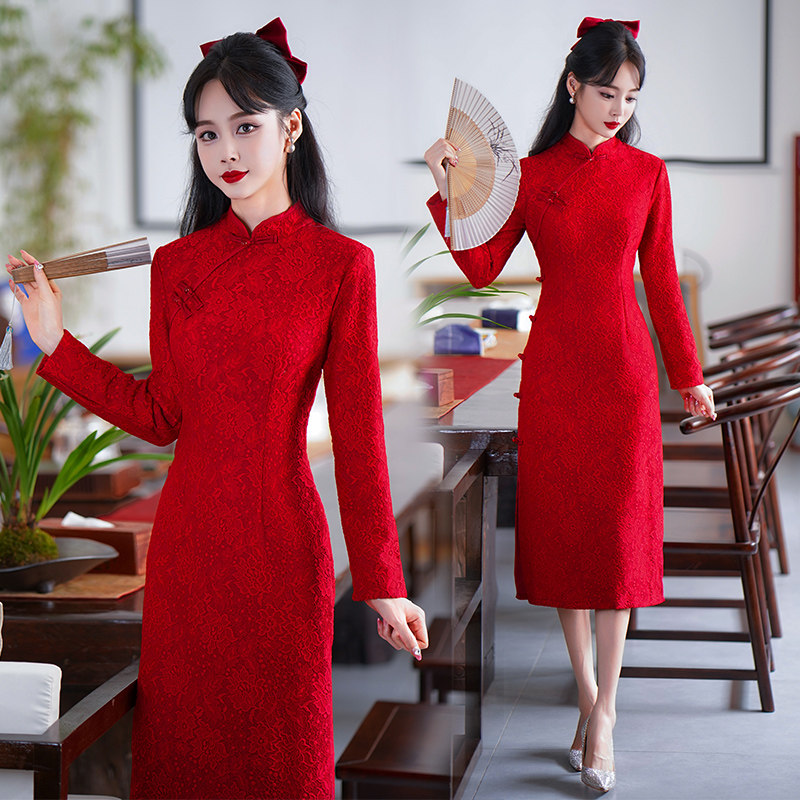 2023秋冬新款红色旗袍敬酒服长袖新娘结婚回门便装礼服高档连身裙