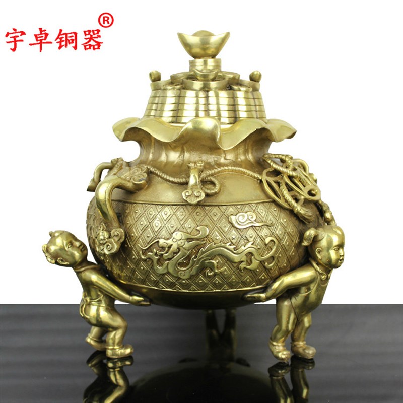 宇卓铜器三童子聚宝盆 纯铜聚宝盆工艺品摆件黄铜聚宝盆