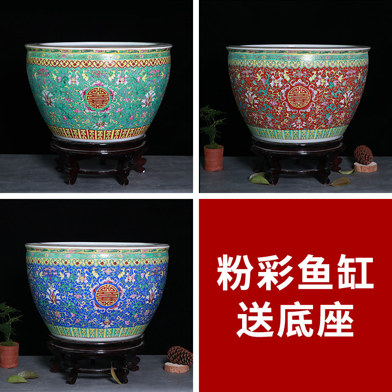 手绘粉彩陶瓷大号鱼缸景德镇睡莲荷花盆仿古客厅庭院书画水缸摆件