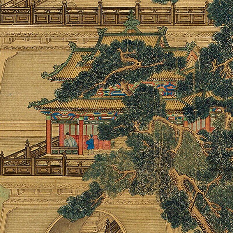 沈敦和清溪仙逸青绿山水亭台楼阁临摹绢布范本中式装饰画艺术画心