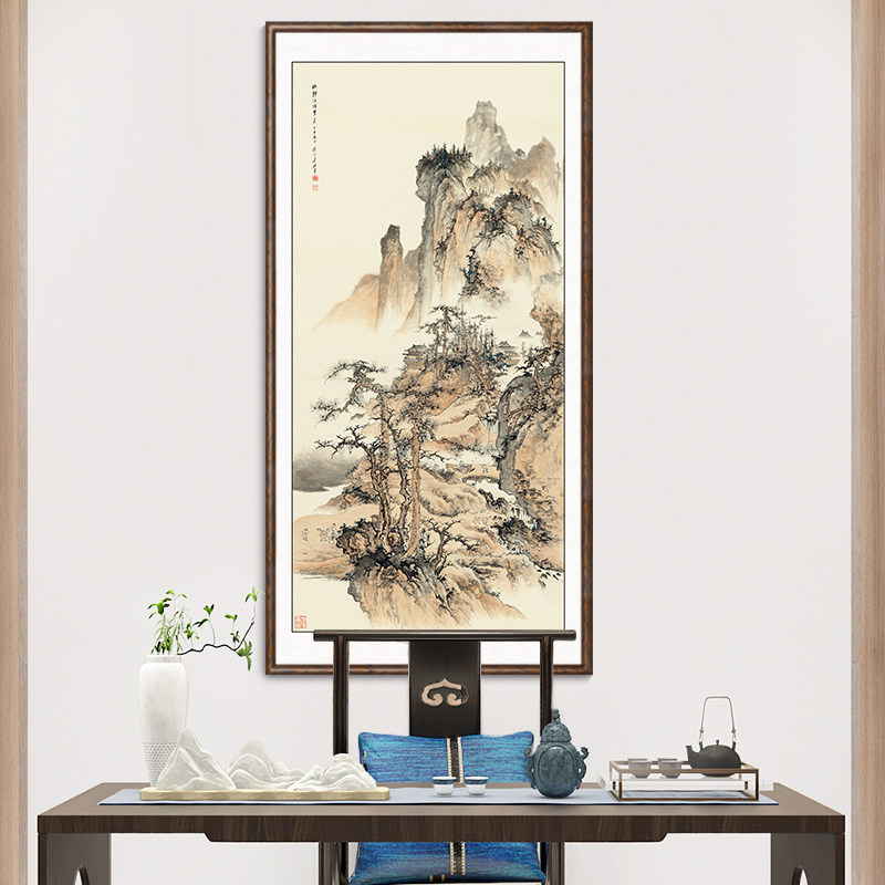 张大千国画山水画竖版玄关装饰画客厅办公室挂画茶室走廊过道壁画