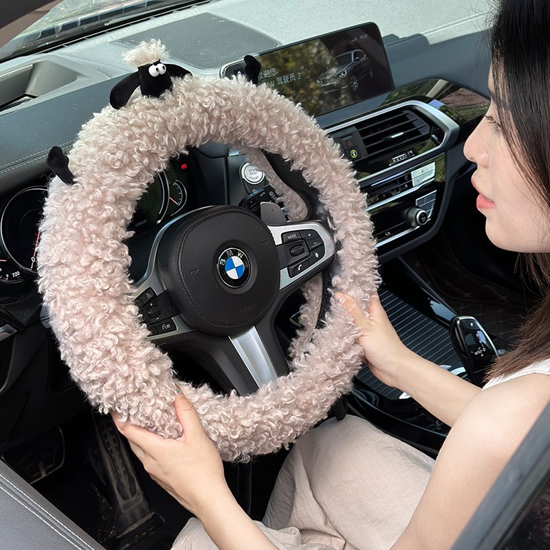 新款方向盘套冬季卡通可爱毛绒女神款冬天保暖羊羔绒防滑汽车手把