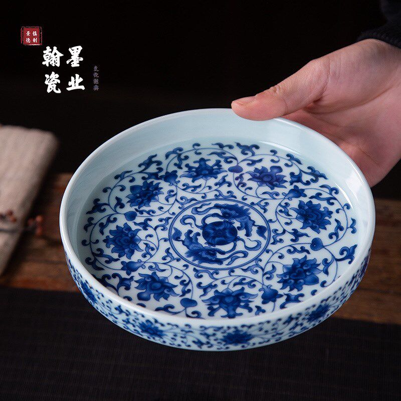 景德镇陶瓷仿古泥青花缠枝莲壶承单个干泡台茶托壶盘家用茶具果盘
