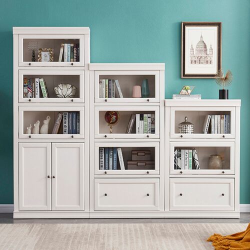 美式简约书柜落地 白色烤漆玻璃门书架 实木家用储物柜 经济型矮