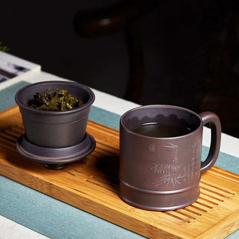 尊壶宜兴柴烧窑变原矿紫砂泡茶盖杯带过滤内胆茶水分离刻竹办公杯