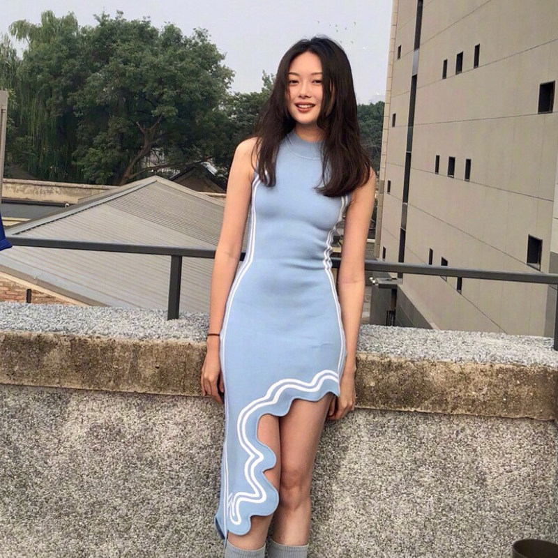 欧美潮款针织无袖打底裙不对称波浪边燕尾礼服条纹修身显瘦连衣裙