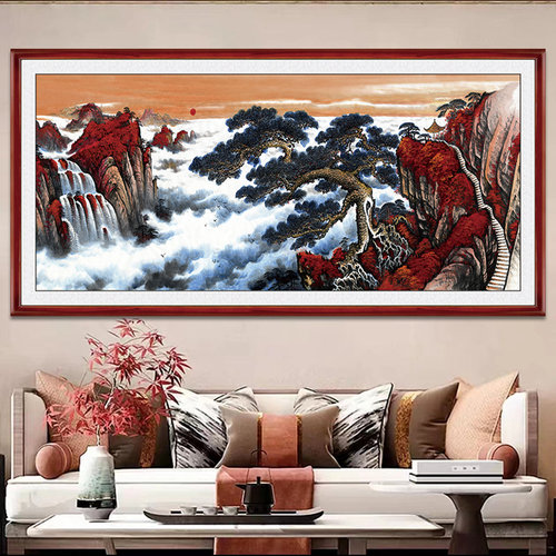 鸿运当头国画旺财山水画客厅挂画自粘装饰画布料背景墙靠山图贴画