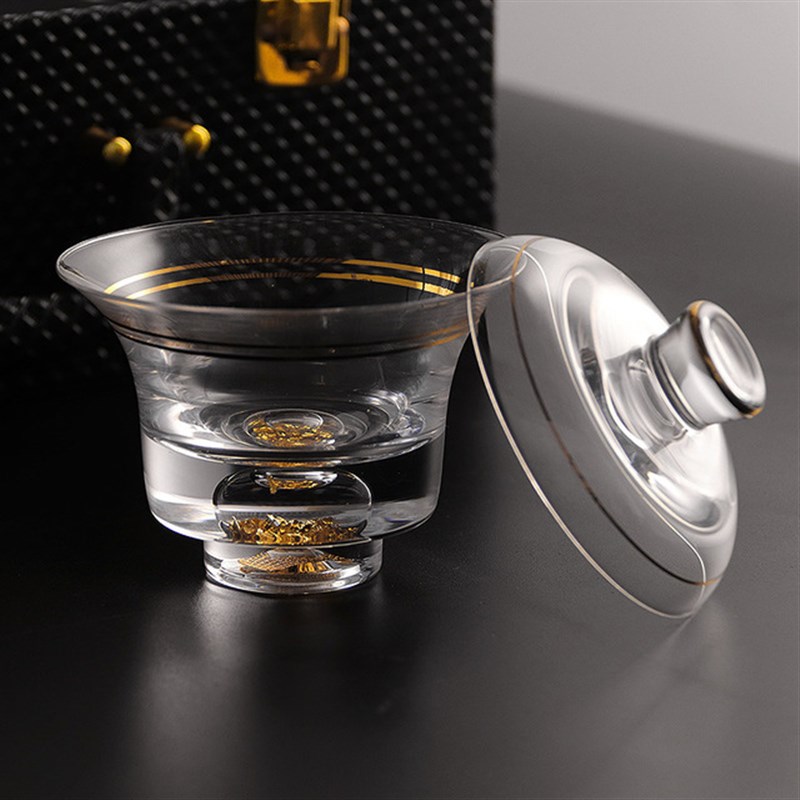 金箔茶具套装 藏金茶杯杯 整套盖碗家用镶金水晶玻璃功夫茶具送礼