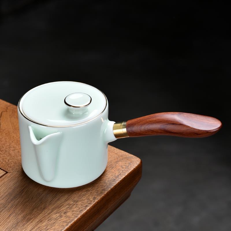 羊脂玉青瓷功夫茶具木侧把茶壶陶瓷泡红茶专用单壶配盖大容量家用