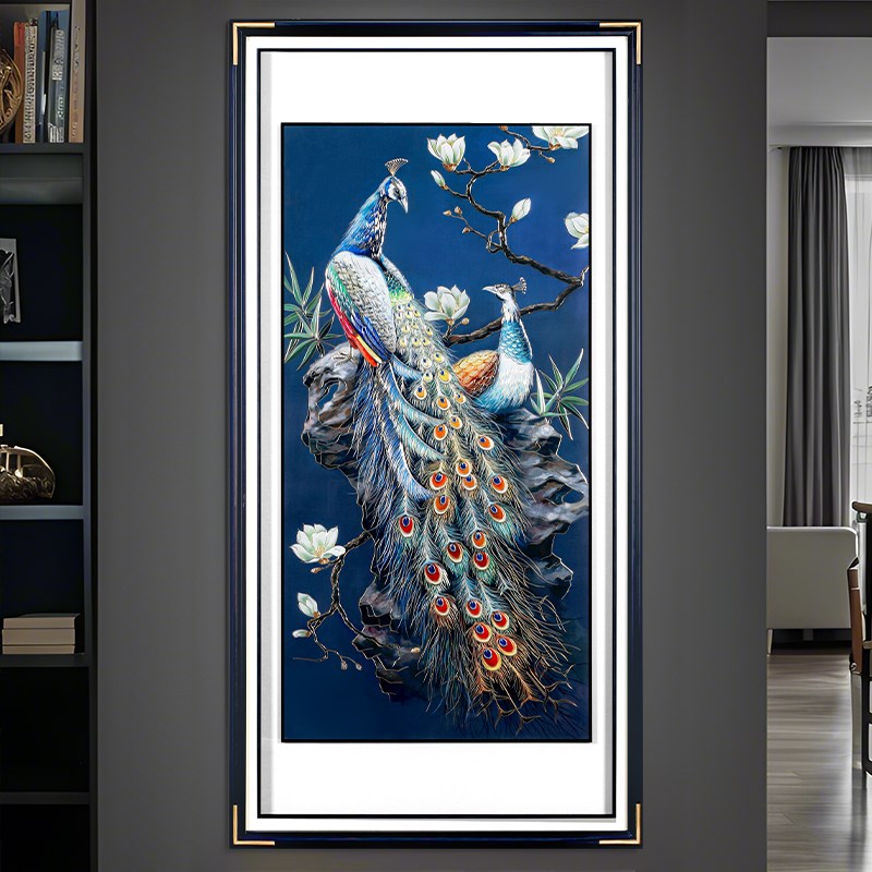 新中式玄关过道背景墙竖版挂画富贵吉祥铜雕画手工雕刻孔雀壁画