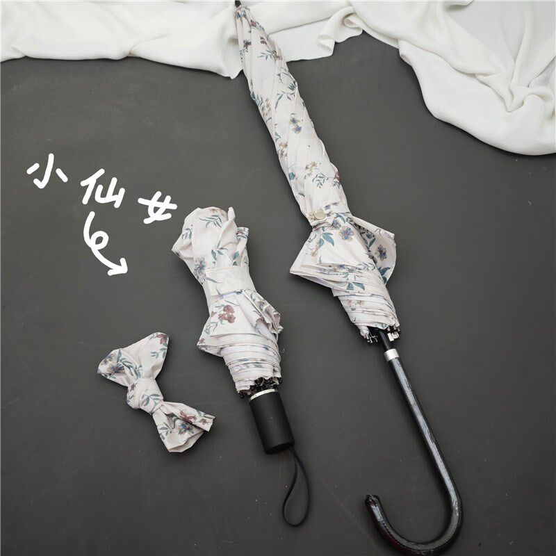 温柔杏灰底碎花雨伞半自动长柄超轻抗风仙系拍照直杆伞手动折叠伞