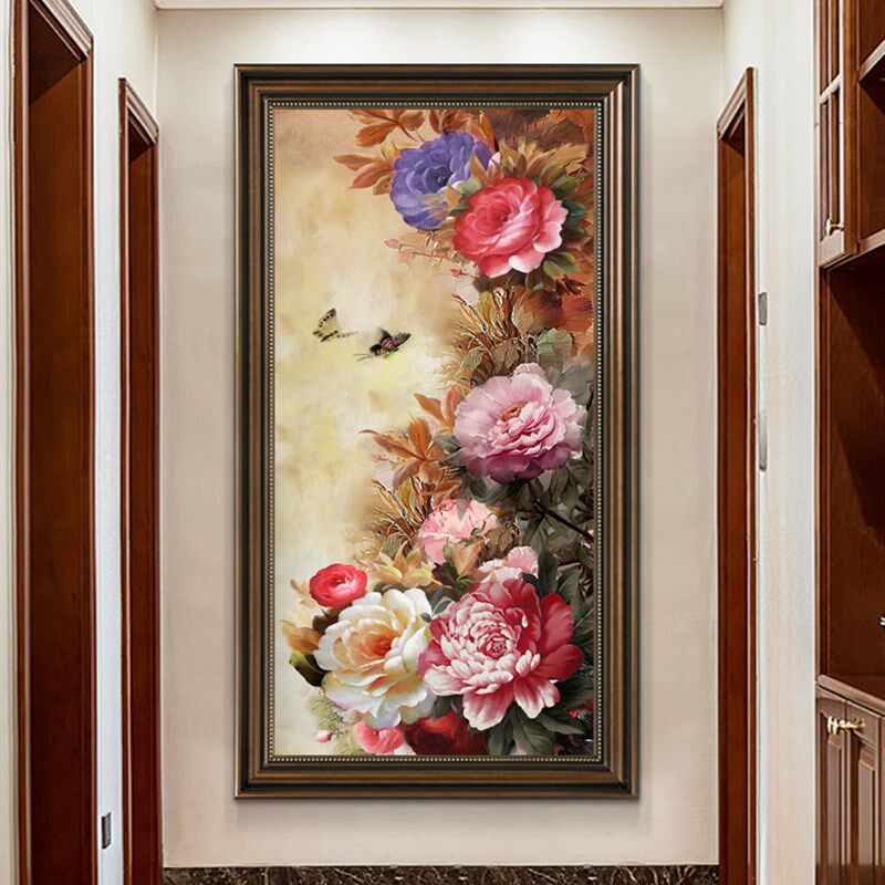 牡丹花开富贵美式入门玄关装饰画复古欧式墙壁画花卉油画客厅挂画