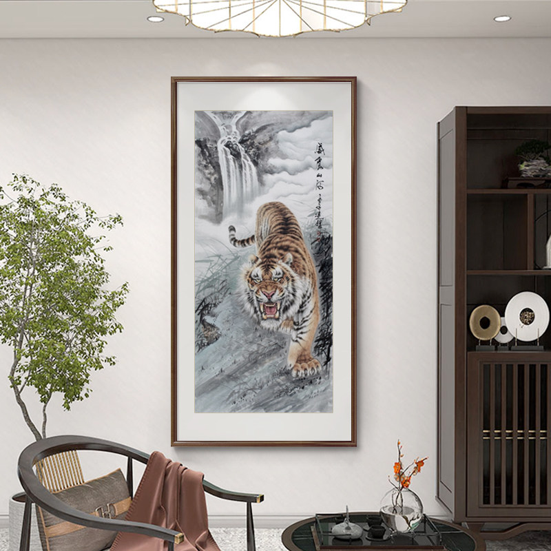 中式上山虎挂画入户玄关走廊楼梯客厅装饰画老虎画猛虎下山图壁画
