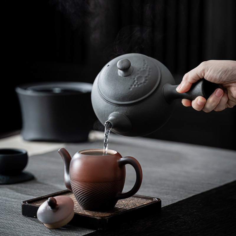 石魂火山石黑白茶围炉煮茶器古法茶具套装陶瓷碗家用电陶炉煮茶壶