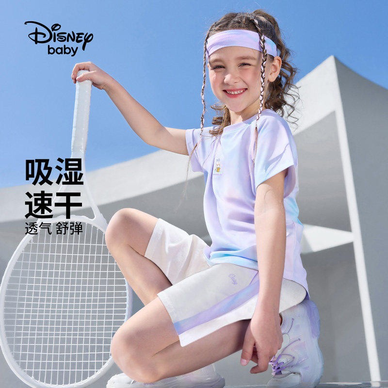 迪士尼女童速干运动服套装夏装薄羽毛球网套装儿童短袖速干衣训练