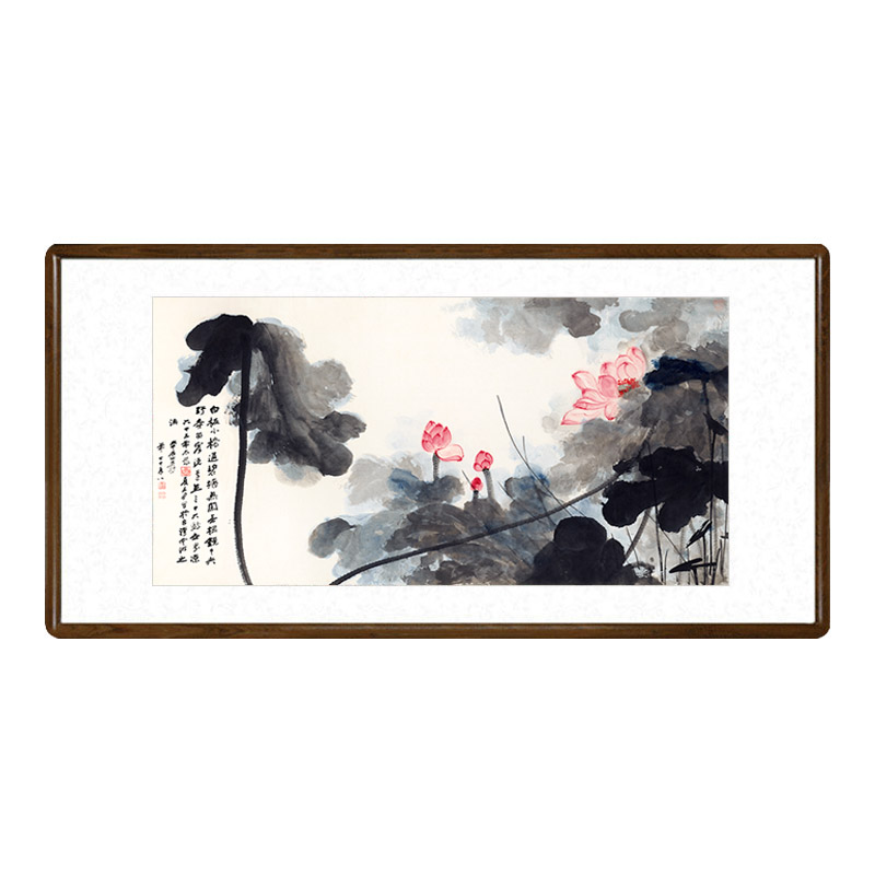 国画荷花有框新中式客厅背景墙装饰画书房餐厅禅意挂画张大千字画