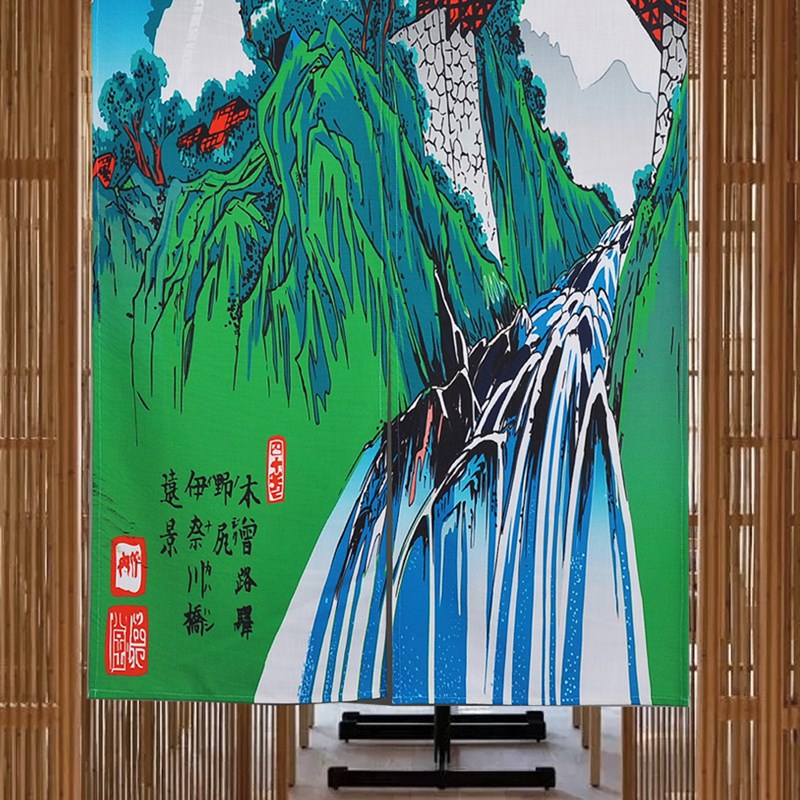 餐厅包间隔断门帘定制日式布帘浮世绘风景图装饰短帘免打孔魔术贴