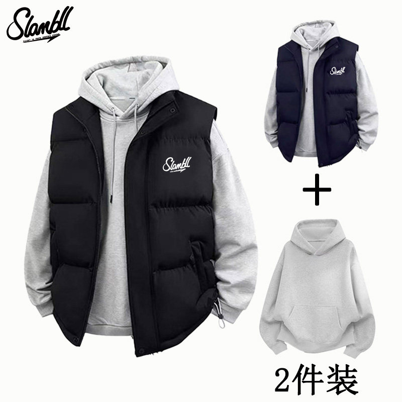 SLAMBALL美式藏青色棉服马甲男款冬季加绒加厚潮牌立领棉衣外套图片