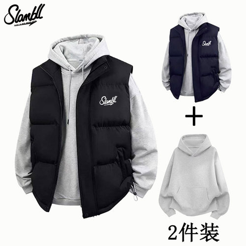 SLAMBALL美式藏青色棉服马甲男款冬季加绒加厚潮牌立领棉衣外套