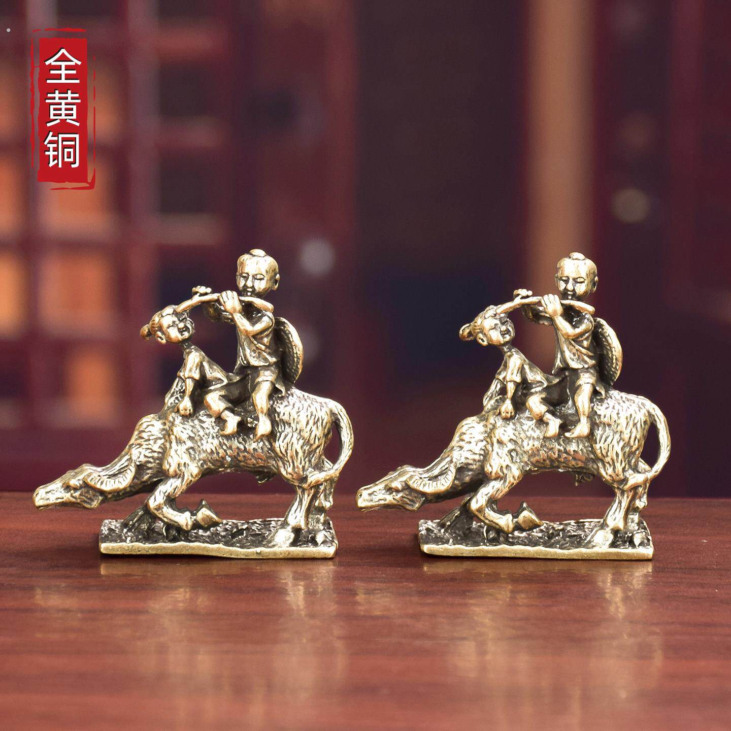 复古实心纯黄铜办公桌面车载小摆件牧童放牛骑牛工艺礼品摆饰手把