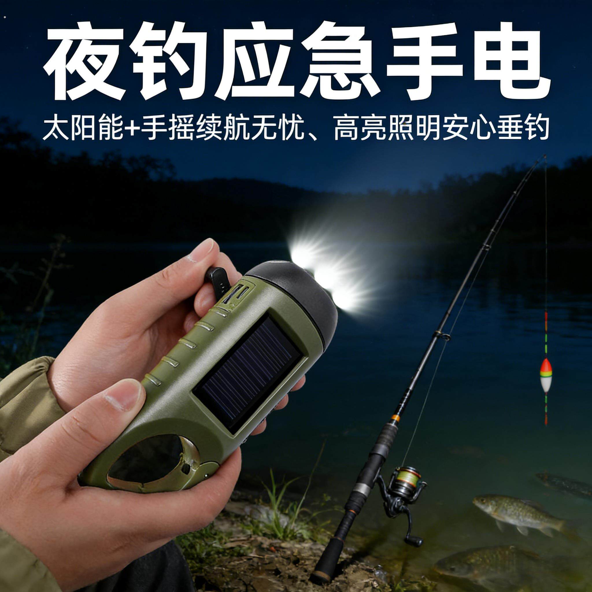 夜钓应急太阳能手电手摇发电强光充电户外小型超亮钥匙扣多功能灯