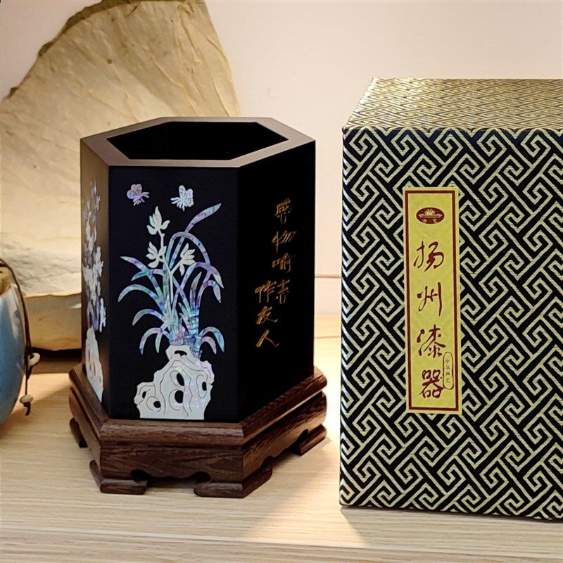 螺钿漆器笔筒送老师书房办公桌面摆件木质复古中国风 教师节礼物