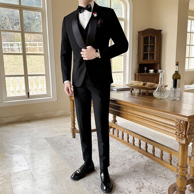 新郎伴郎青果领男士西服外套修身商务宴会结婚套装礼服西装三件套