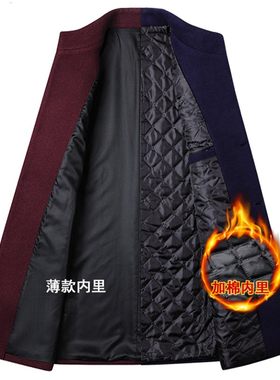 2021男装秋冬装中年男士毛呢大衣酒红色加棉加厚男士呢子外套