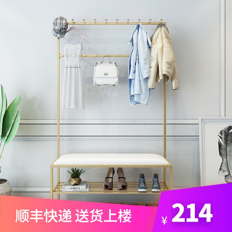 北欧金色简易门厅衣帽架落地鞋架挂衣架组合换鞋凳客厅衣服架一体