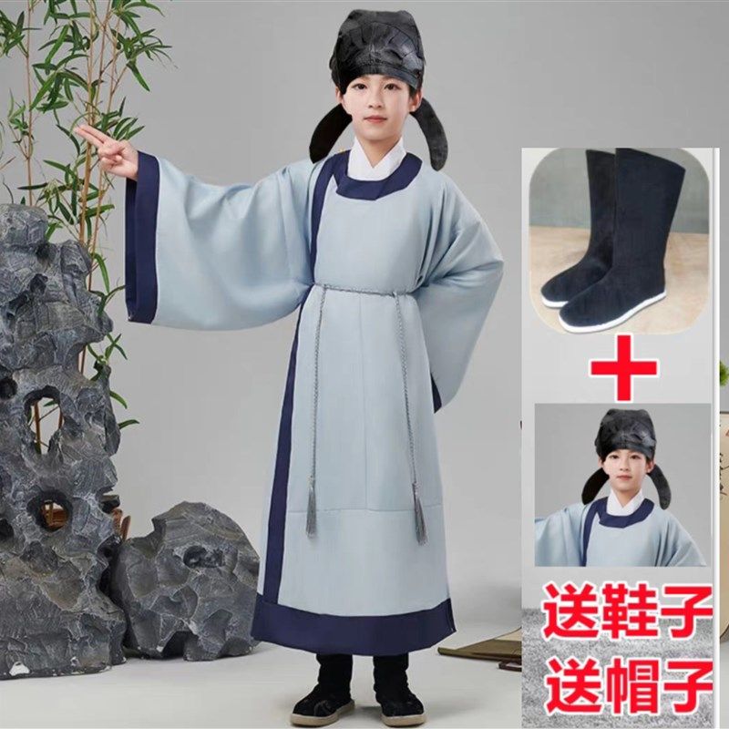 儿童李白汉服男童杜甫服装唐代诗人服装古风圆领袍套装古诗词朗诵