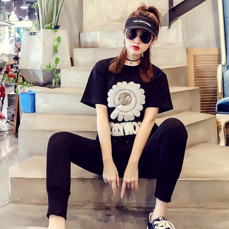 时尚小皱菊亮片图案补丁贴diy珠片绣英文布贴衣服T恤装饰缝补贴大