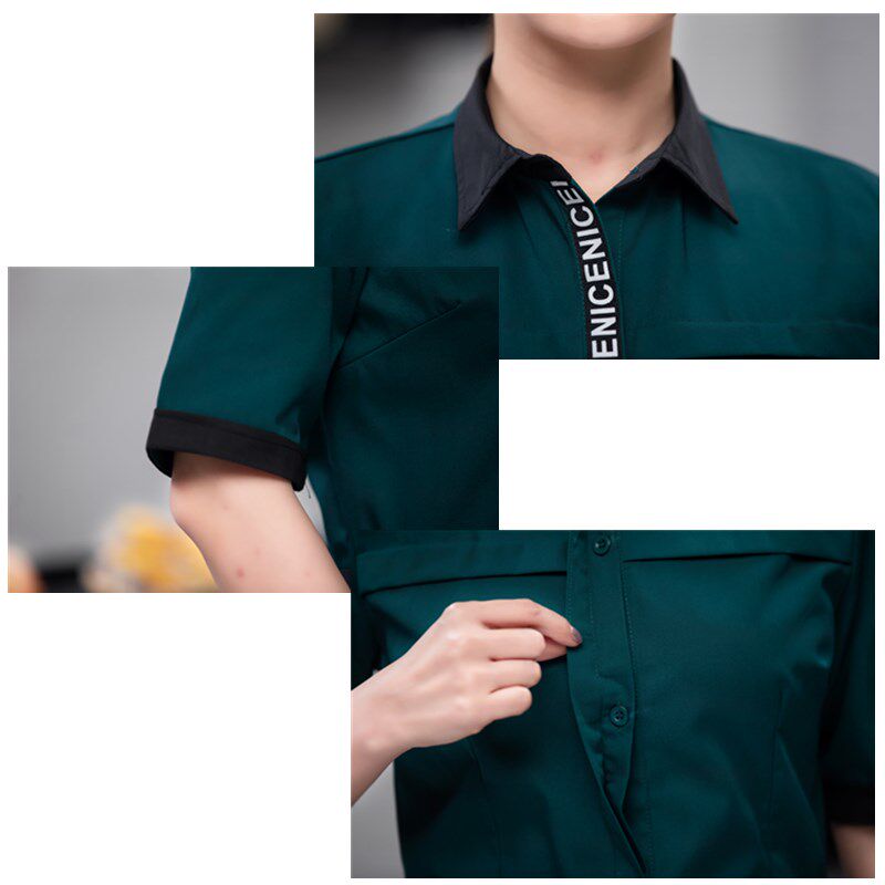 夏服务员工作服衬衫短袖西餐厅工装衬衣青年上班带围裙印字logo男