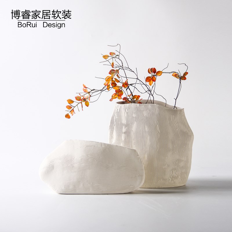 新中式原色肌理陶瓷花瓶摆件样板间客厅玄关酒店装饰扁形花器插花