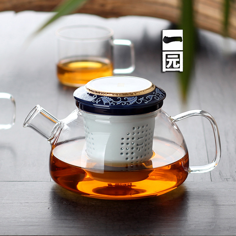 一园茶具耐热玻璃壶泡茶壶花茶壶带盖过滤红茶壶创意透明富贵金莲