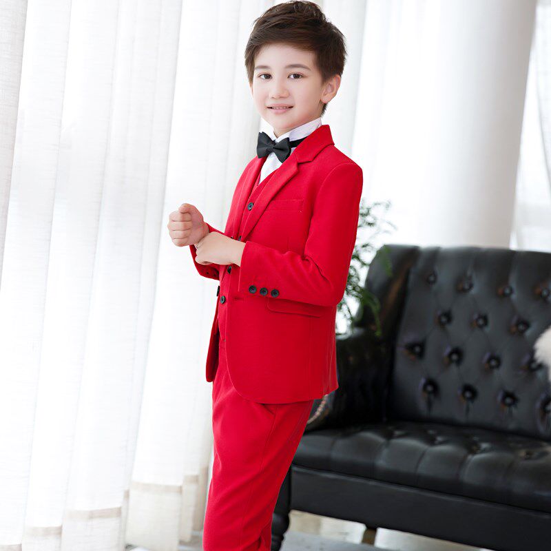 儿童西服红色男童小西装套装花童礼服男孩生日主持人钢琴演出服冬