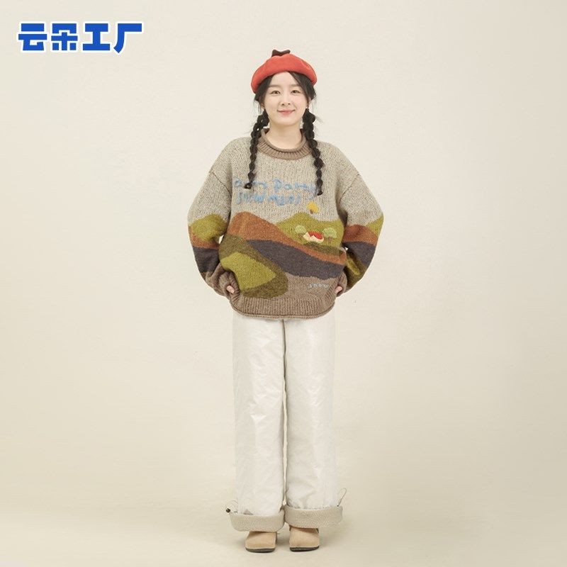 云朵工厂小雪人农场插画毛衣圆领保暖毛衣女卡其色套头毛衣