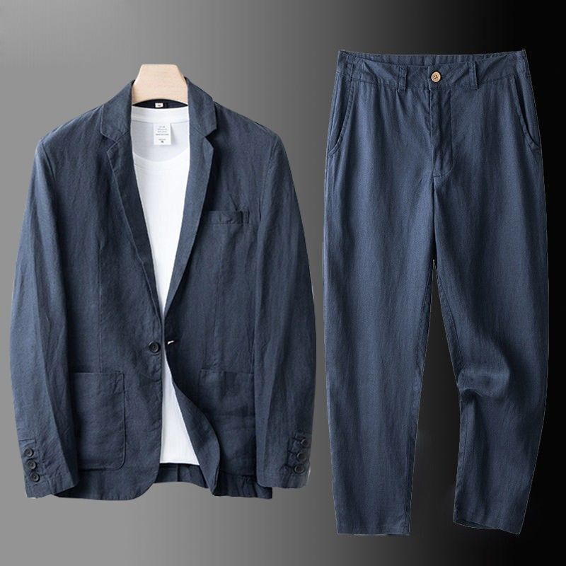 亚西装套装男夏西服男款宽松上衣外套棉西服夏天麻休闲