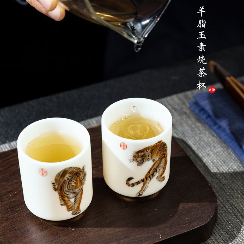 高档素烧羊脂玉瓷主人茶杯轻奢虎年五福临门品茗泡茶茶具精美礼品