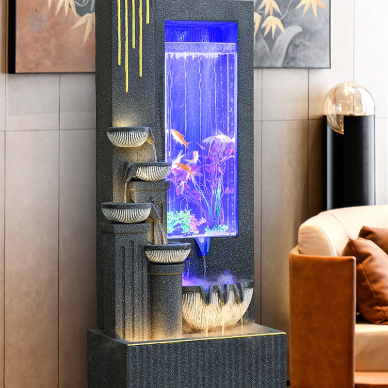 大型水幕墙流水摆件创意室内客厅加湿水景酒店玄关落地鱼池装饰