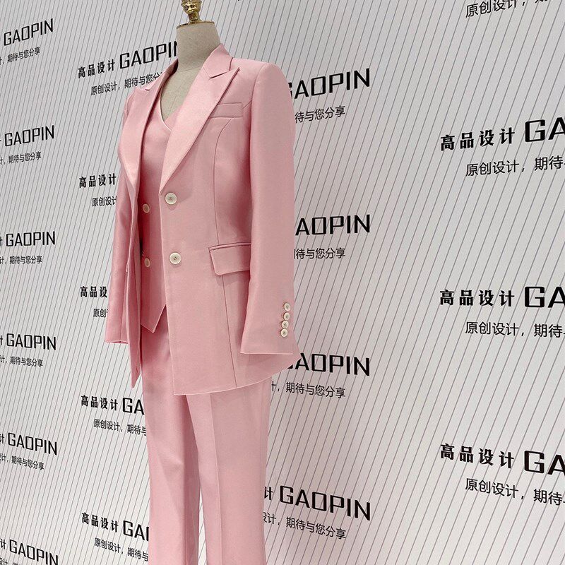 新款粉色修身西装套装女西服小外套宴会主持司仪活动装三件套喇叭