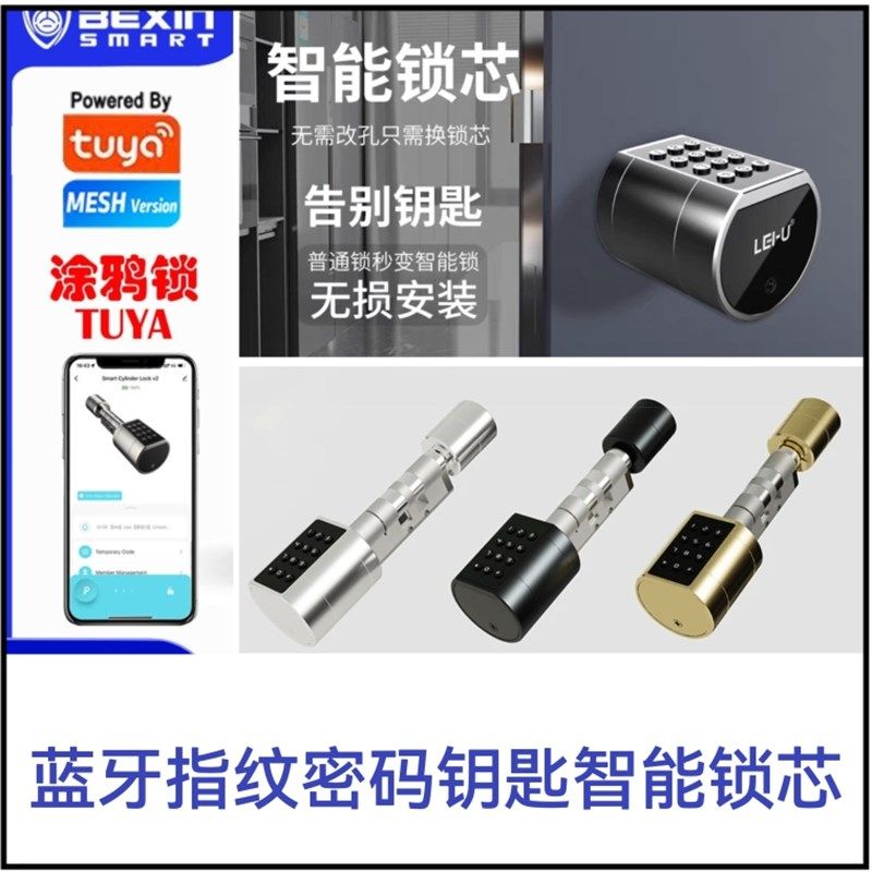 欧牙蓝规锁芯指纹密码钥匙解锁木门铝框门改装智能锁换芯ip65防水