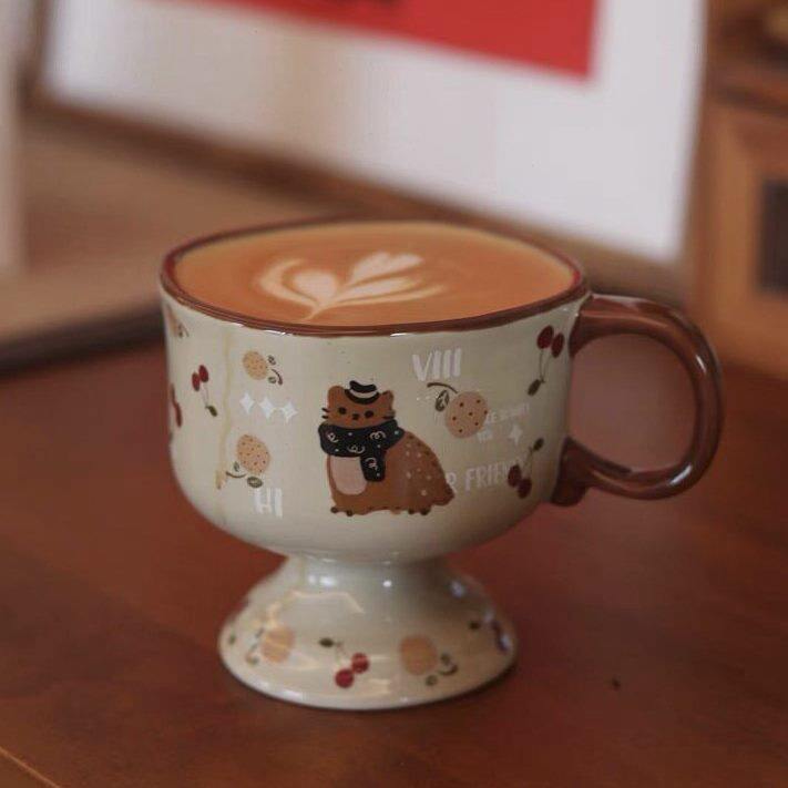 甄选复古猫咪脚杯甜品杯雪糕杯咖啡杯焦糖色可爱拉花杯早餐杯中古