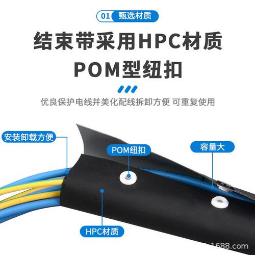 甄选纽扣套管黑+银灰双色扣式结束带HPC电线电缆保护套裹线布包线