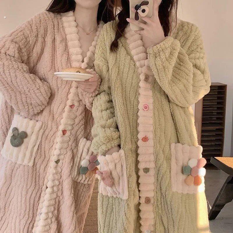 彩虹睡袍女冬款珊瑚绒宽松保暖加厚长款睡衣甜美开衫居家服