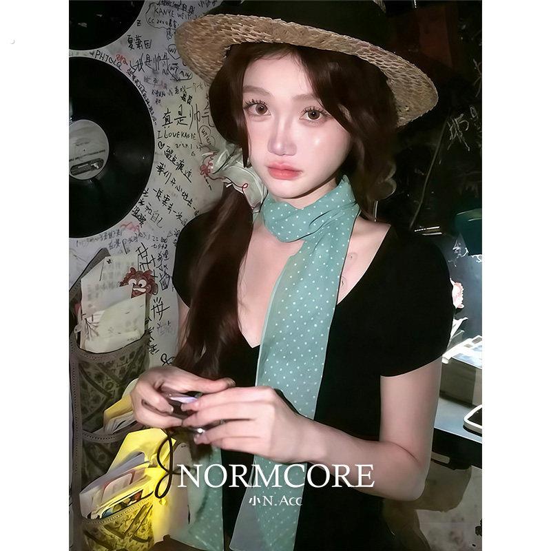 森系氛围感薄荷绿波点丝巾女2026新款系脖纱巾长条款薄款围脖颈饰